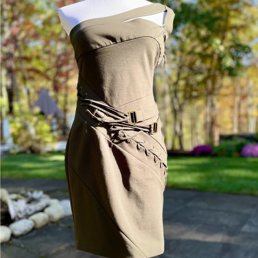 L.A.M.B. Olive Green. Asymmetric Strapless Dress. Rare Gwen Stefani Design! - Picture 1 of 8